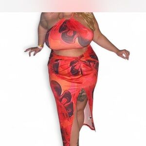 SHEIN Curve Red and Cream Halter Dress